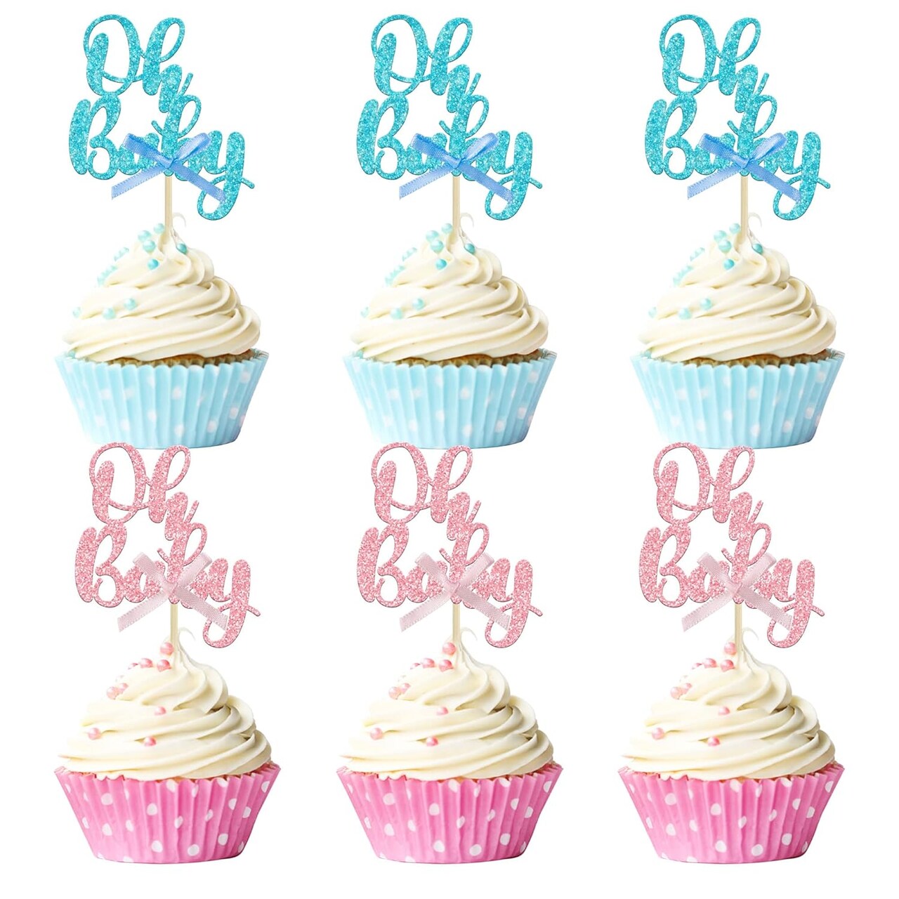 36Pcs Oh Baby Cupcake Toppers Pink Blue Bow Glitter Baby Shower Gender Reveal Cupcake Picks for Boy or Girl Theme Baby Shower Kids Birthday Party Cake Decorations Supplies